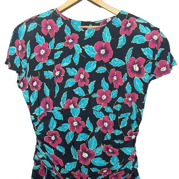 Vintage 80s Floral Peplum Dress Shirred Waist Button Back Size Medium Retro 40s - Picture 3 of 10